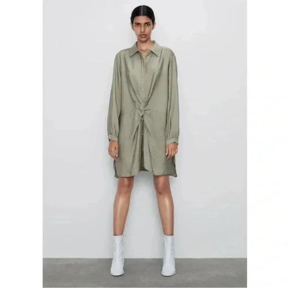 ZARA Knotted Lightweight Green Tunic Top Dress Size Medium - Picture 2 of 8